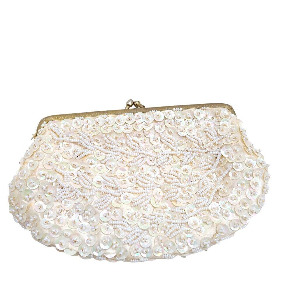 Vintage Beaded Made in Hong Kong Satin Clutch Purse Ivory White